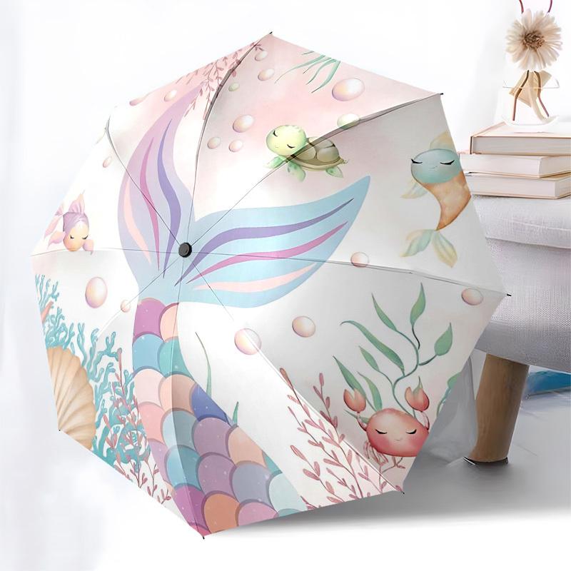 1PC Mermaid Tail Ocean Life Umbrella-8-Rib Reinforced Portable Folding Travel Suitable for All Seasons Outdoor Daily -Z0477