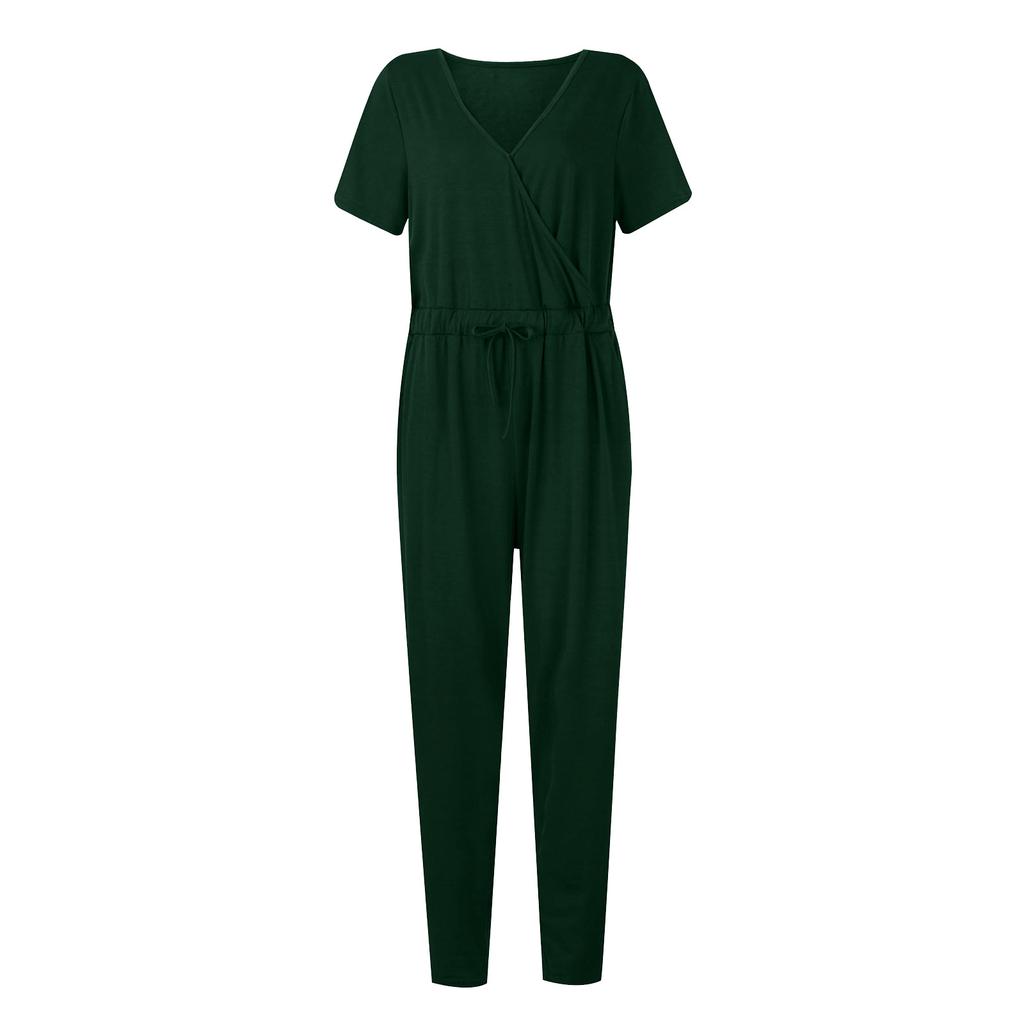 Women’s Sexy Deep V-Neck Short Sleeve Wrap Drawstring Waist Jumpsuit Romper With Pockets