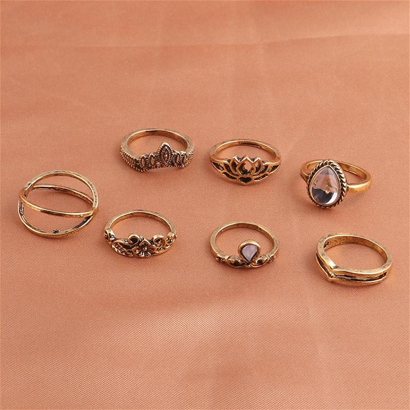 7 Pcs / Set New Arrival Flower Gemstone Carved Ring Set Bohemian Vintage Jewelry Women Accessories