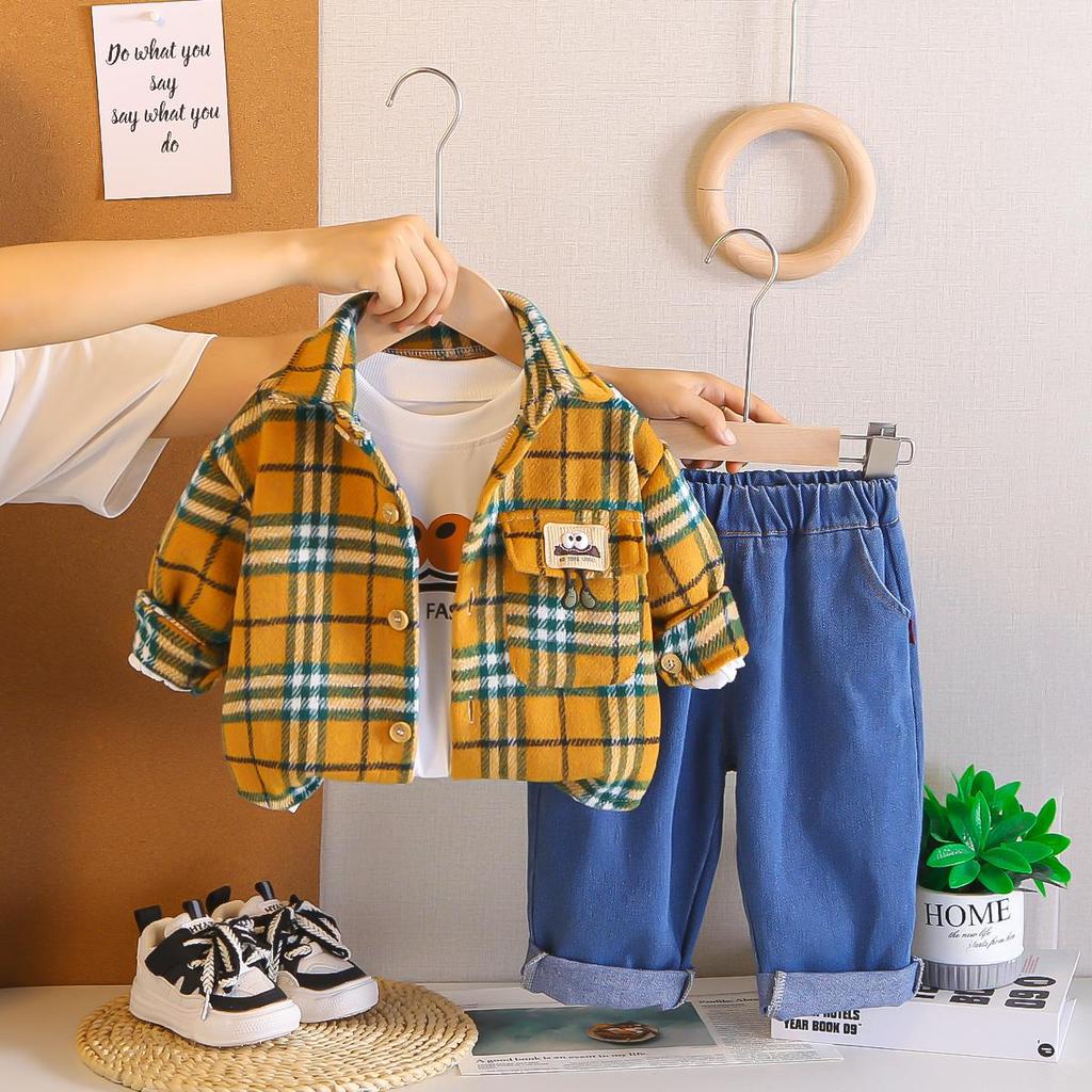 Boys' long sleeved 3-piece set, 0-5-year-old Children's checkered shirt jacket, White T-shirt, Casual denim pants, High-quality clothes
