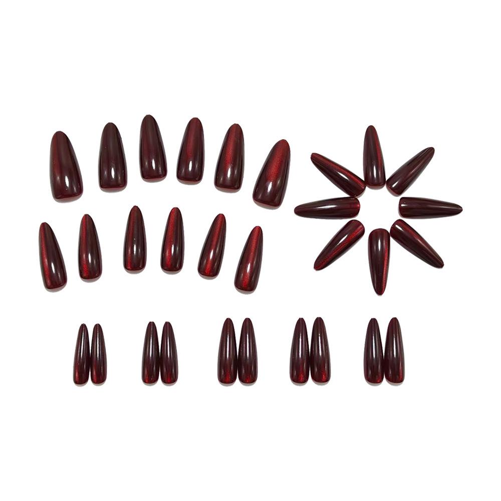 Deep Wine Red Cat Eye Almond Fake Nails - 30 Piece Set