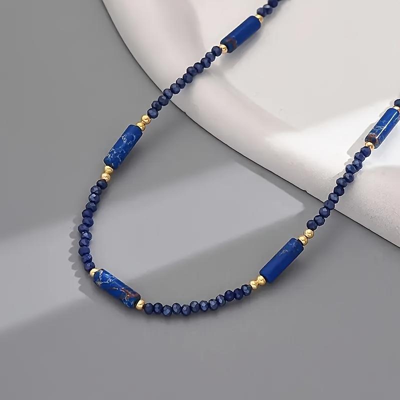 Women's Minimalist Natural Stone Handmade Beaded Necklace, French Luxury Style Simple Blue Crystal Beaded Necklace