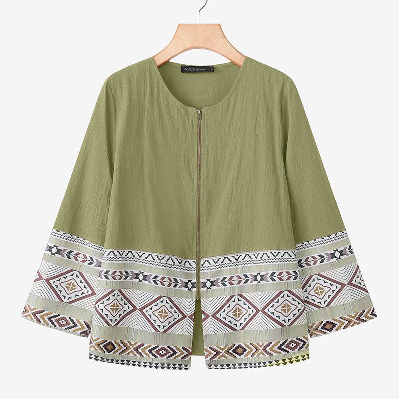 ZANZEA Women Casual Round Neck Long Sleeve Ethnic Print Loose Zipper Blouse
