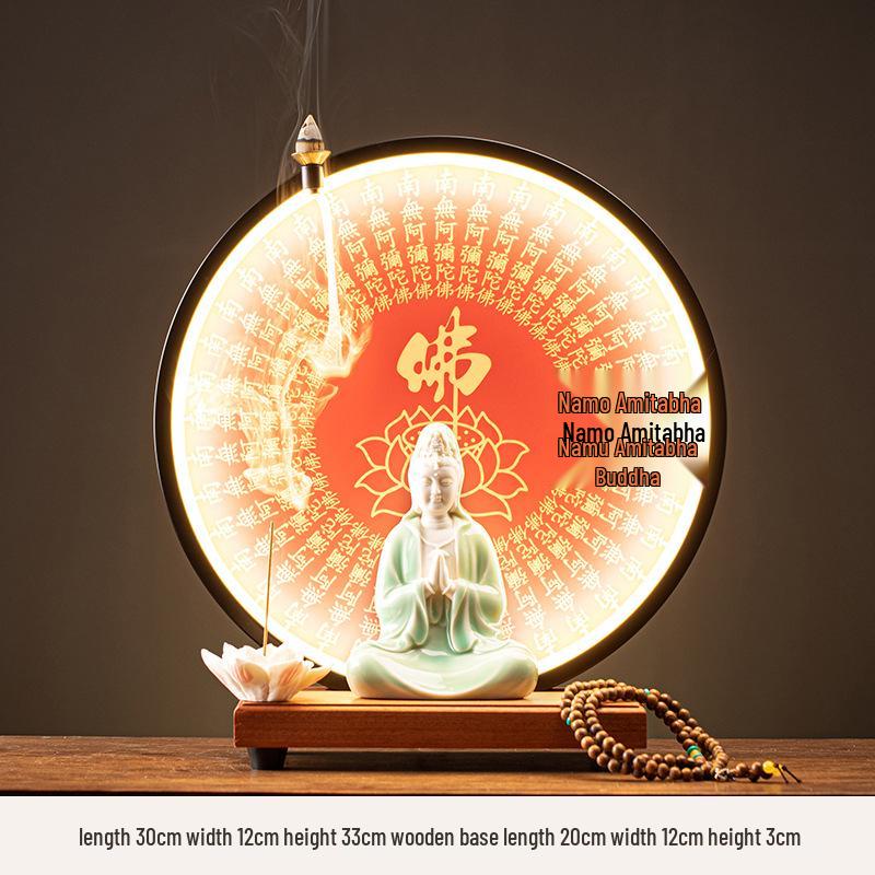Ceramic Seated Guanyin On Lotus with Light Ring and Anjali Mudra for Home Decor