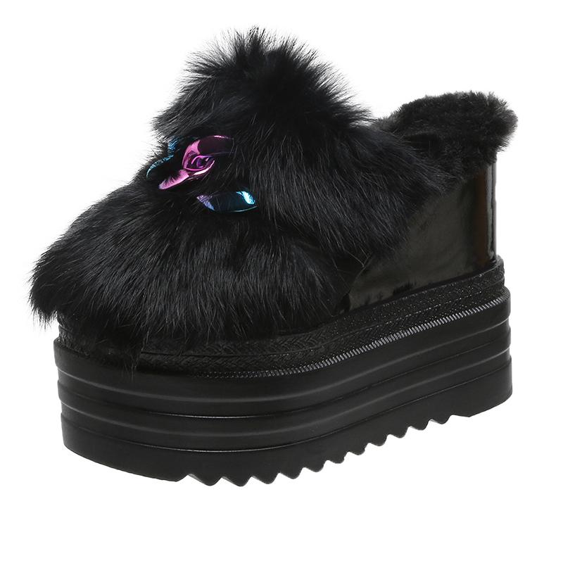 Slim Women's Slim Slippers Wedge Water Diamond Inner Elevated Thick Sole Shoes Women's Autumn and Winter Shoes Fur Plush Fashion