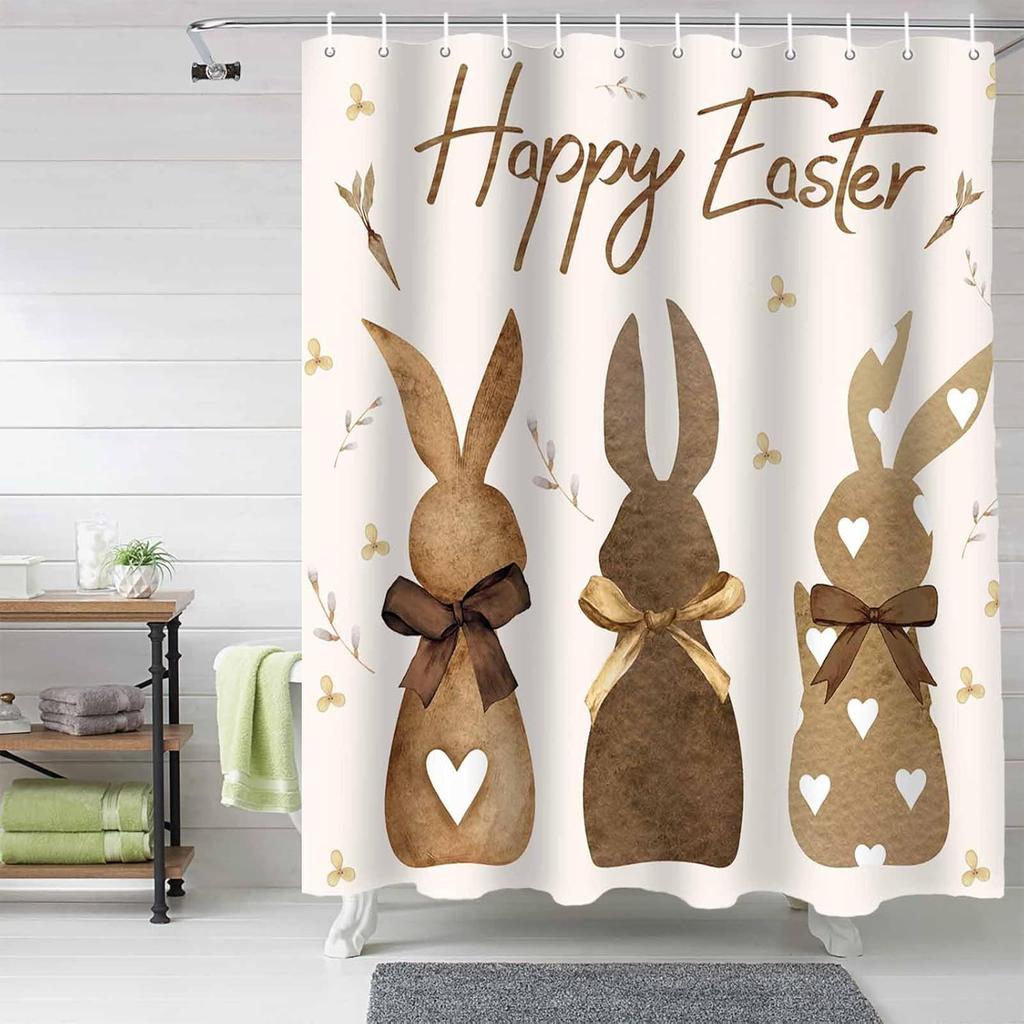 Happy Easter Shower Curtain Bunny Bathroom Curtains with Hooks, Waterproof Fabric Flower Carrot Rabbit Shower Curtains Set for Bathroom Bathtubs