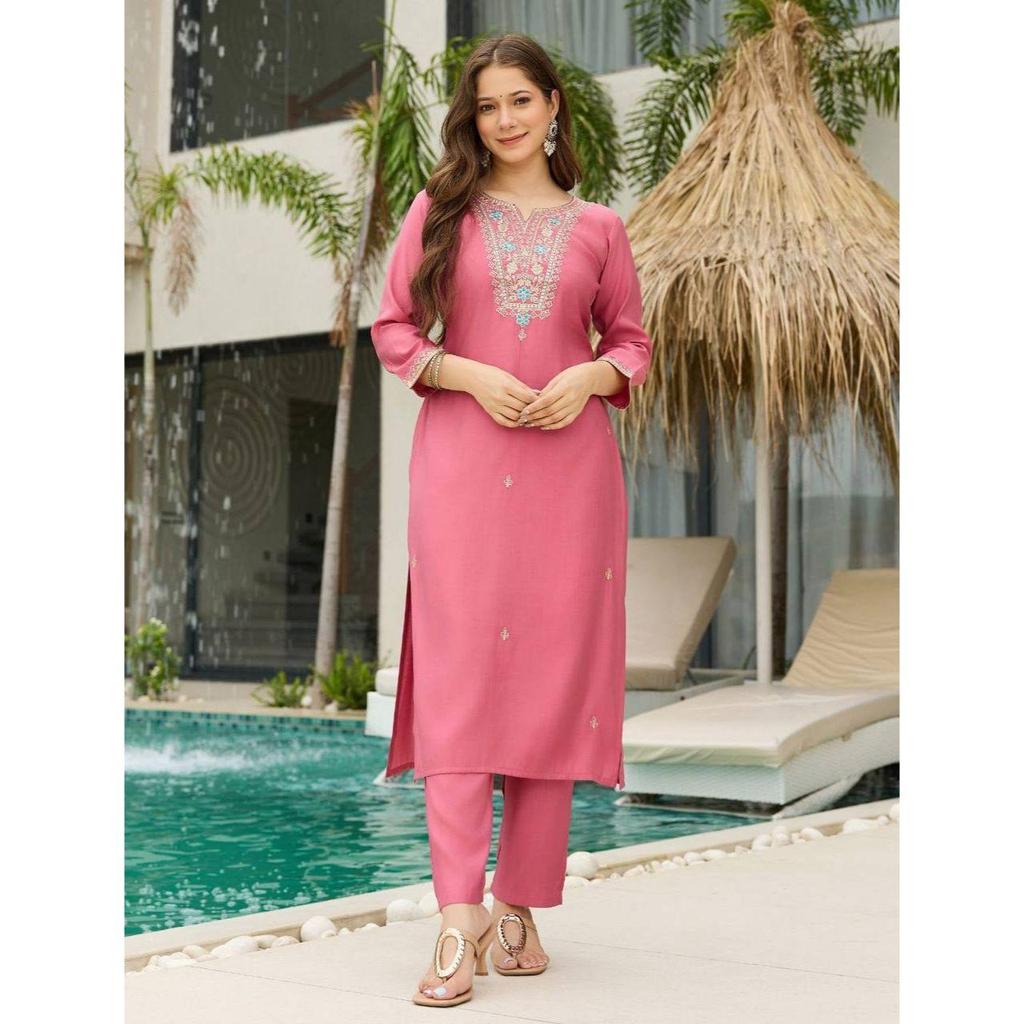 Women's Viscose Silk Embroidered Straight Kurta with Pant And Dupatta Sets