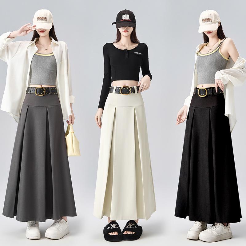 2026 Spring Women's High-Waisted Pleated A-Line Skirt with Belt - Drapey and Slimming