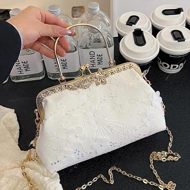 Luxury Appliques Sequins Handbags for Women Wedding Party Clutch  Chain Messenger Bags Metal Hasp Totes  White Gold Purse