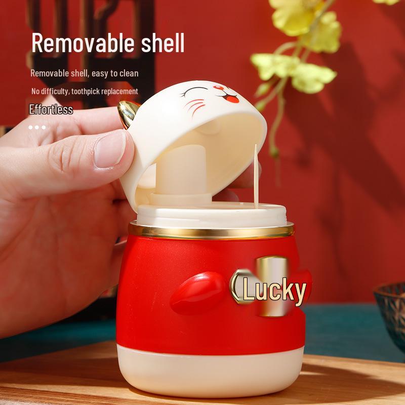 Cartoon Cute Lucky Cat Automatic Toothpick Holder & Dispenser - Chinese Style Storage Box