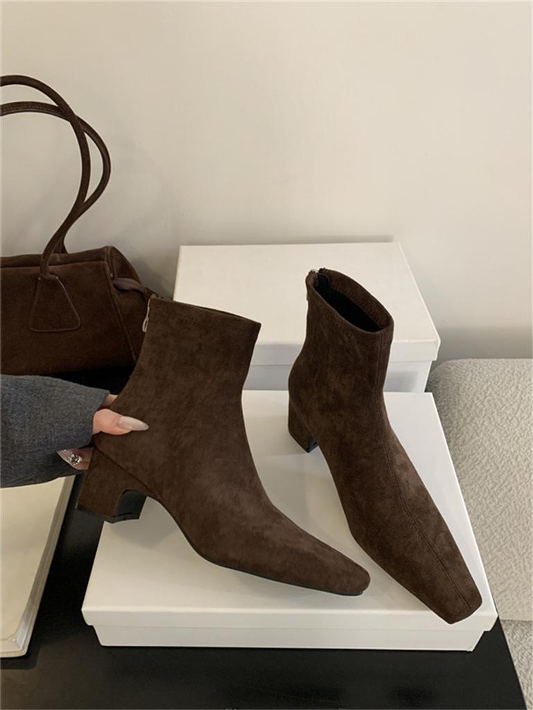 Retro Thick-heeled Short Boots for Women In Autumn and Winter 2025, New Square Head Suede Rear Zipper Small Ankle Boots, Elastic and Thin Boots 