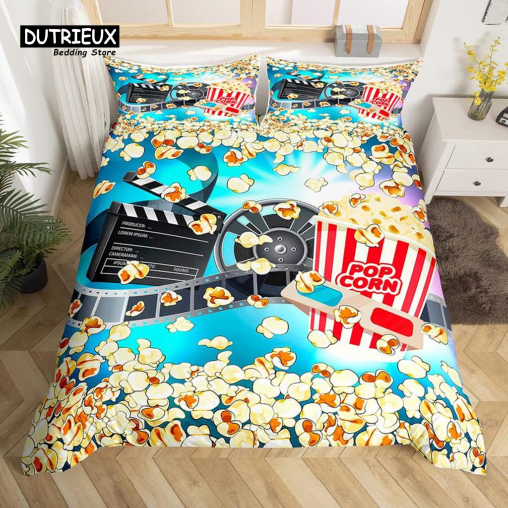 Husă de plapumă Movie Time Set de lenjerie de pat cu tematică Cinematograf Poster de cinema Husă de plapumă Microfibră Popcorn Gustări de film Cuvertură