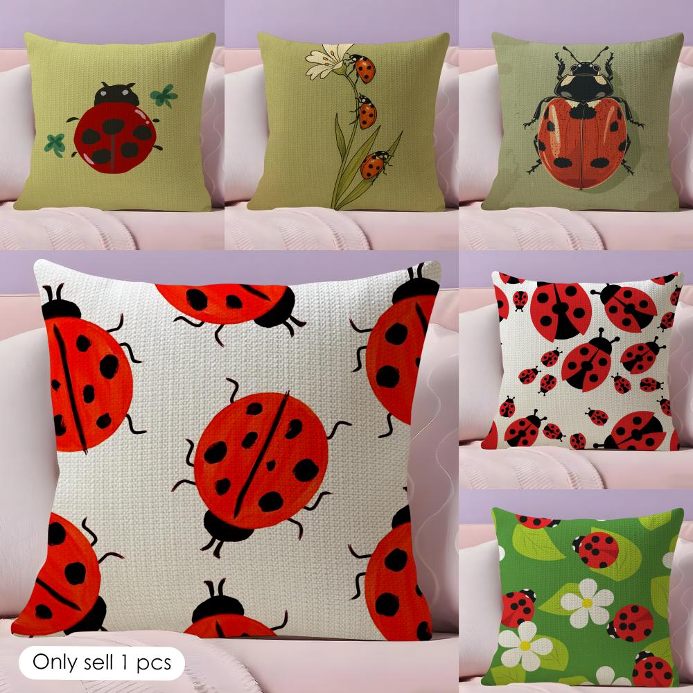 Cute Cartoon Ladybug Cushion Cover Durable Hypoallergenic Organic Linen Short Pillow Cover Washable