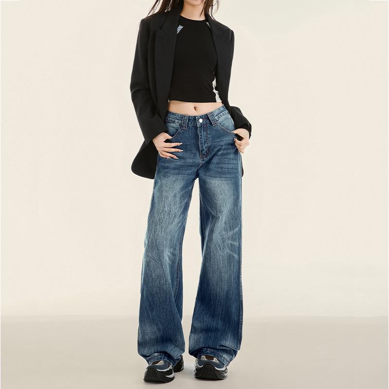 

Spring 2025 Women s High Waist Wide Leg Jeans - Heavy Wash, Loose Straight Fit, Floor Length XS