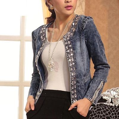 Spring and Fall Clothing Stretch Denim Rhinestone Sequins Retro Short Denim Jacket