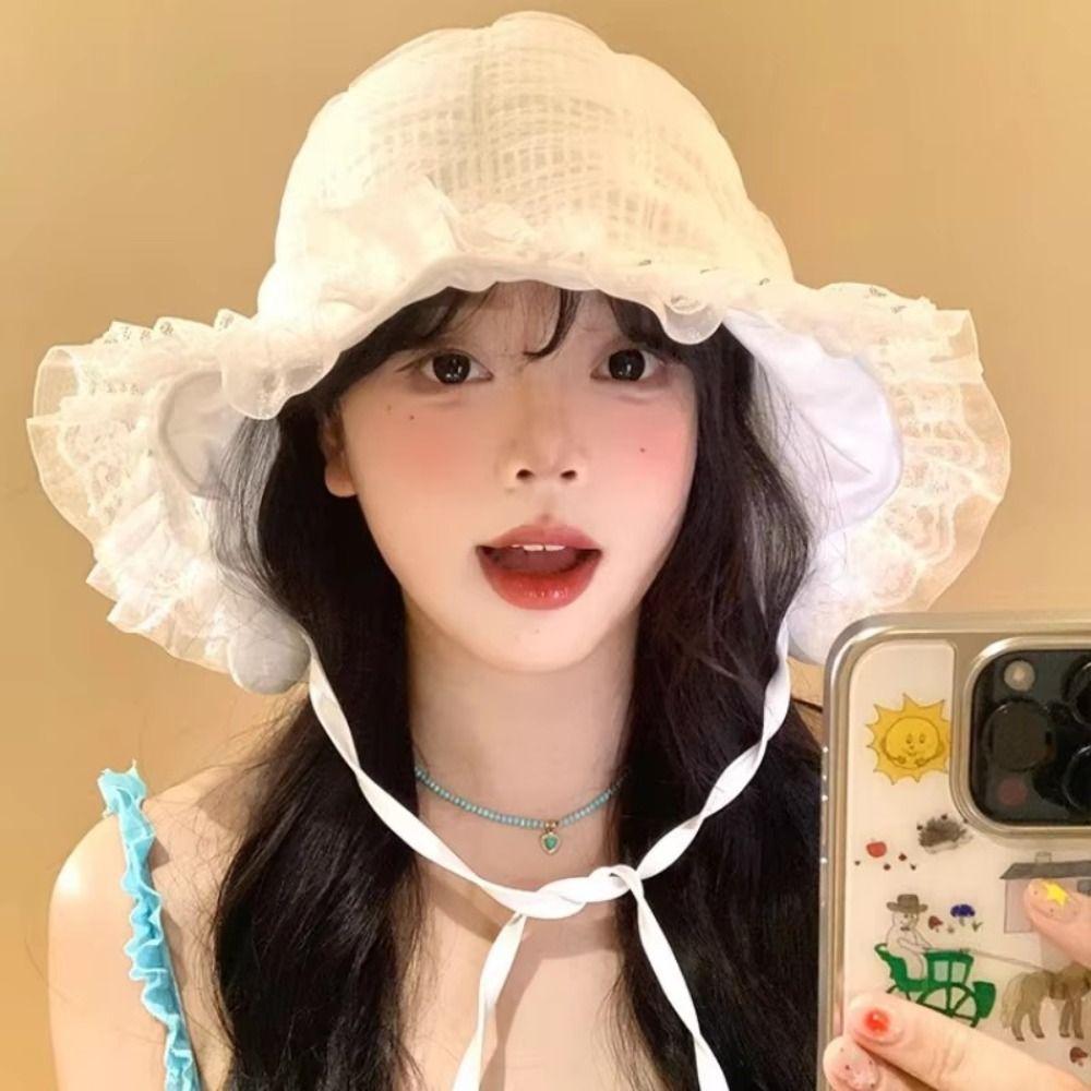 White Lace Bucket Hat Summer Visor Basin Cap Ins Fisherman Hat  Outdoor