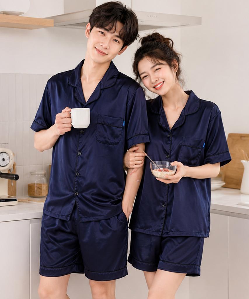 PALAN Clear Silk Couple Short-Sleeve Pajamas Cool Summer Pajama Top And Bottom Set