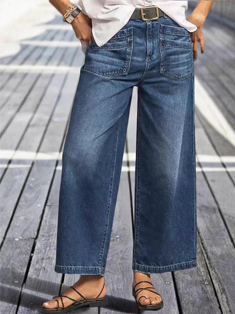 Women's Retro Washed Wide-Leg Cropped Jeans with Frayed Hem and Slant Pockets