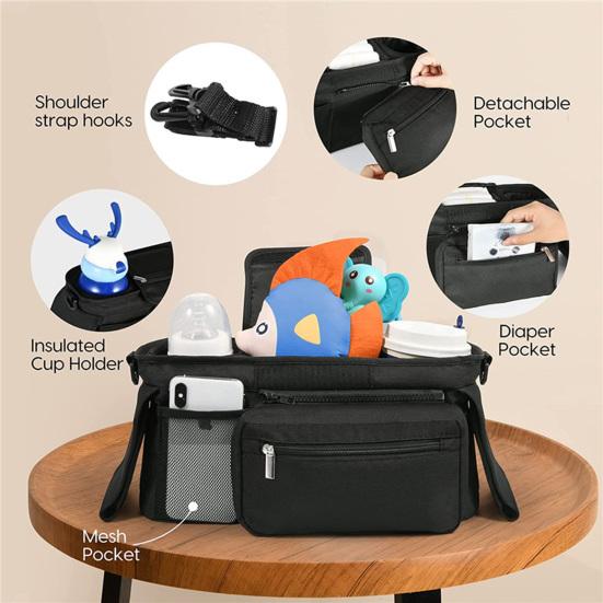 Baby Stroller Organizer Bag Insulated Feeding Bottle Tissue Holder Detachable Zipper Phone Pouch Oxford Cloth Multifunctional Stroller Hanging Bag