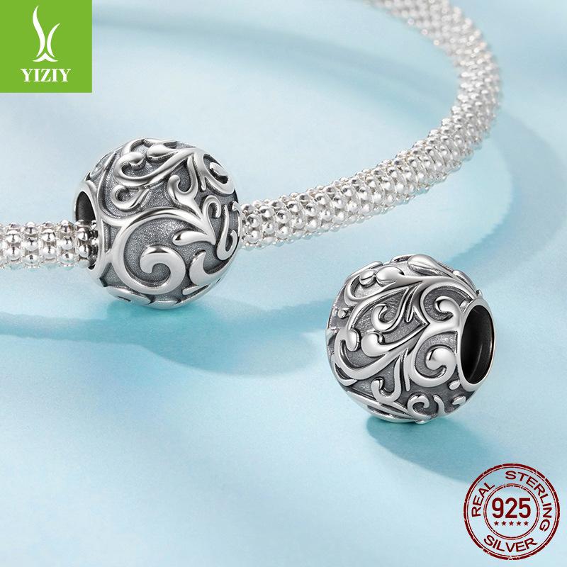 Vintage S925 Sterling Silver Rolled Grass Pattern Beaded Loose Beads, Personalized Texture Diy Bracelet Beads