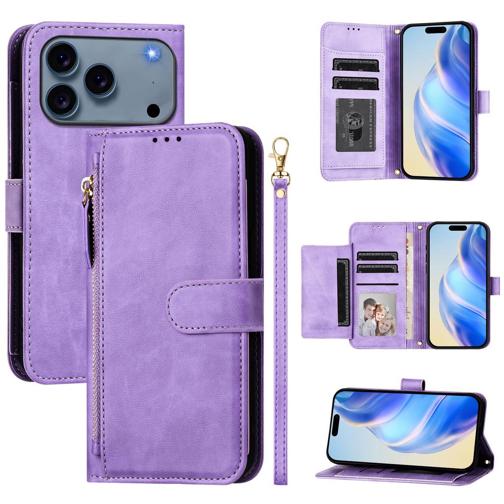 For iPhone 17 Pro Case Zipper Pocket Multiple Card Slots Leather Phone Cover