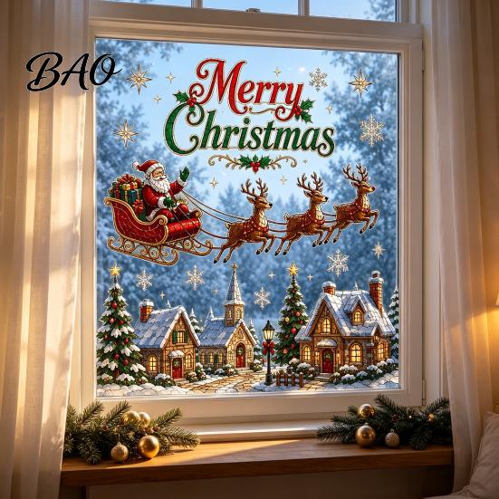 Durable PVC Wall Decor Christmas Window Stickers, Winter Holiday Decorations, Festive Art with Xmas Tree Reusable Clings Snowman Angel Patterns