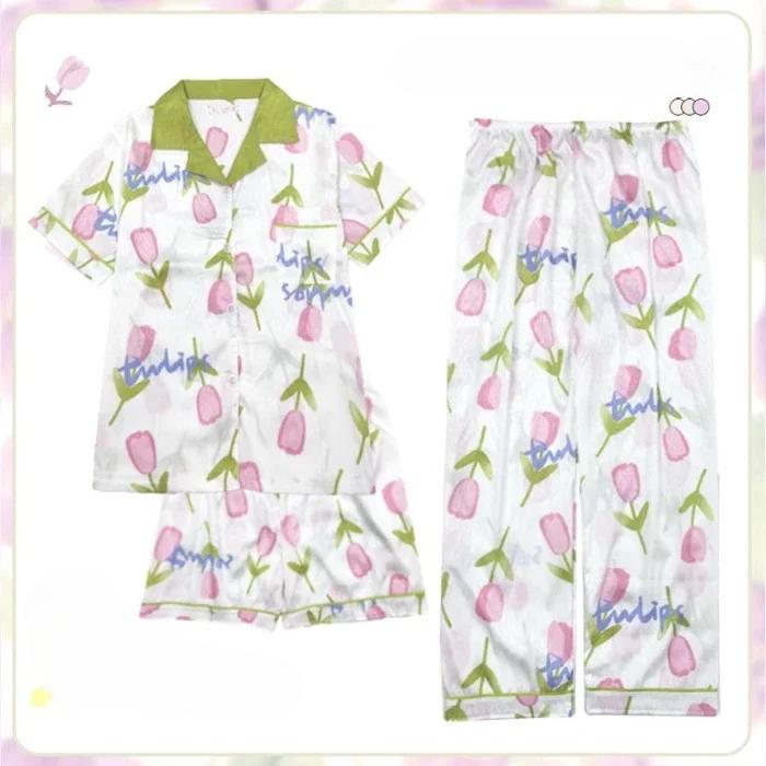 3 Pieces Set Night Wears for Women Summer New Short Sleeve Casual Striped Faux Silk Pijamas Set for Women Luxury Pyjamas Set