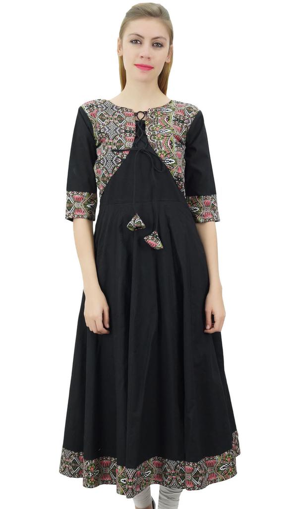 Phagun Womens Black Cotton Anarkali Jacket Style Kurti Designer Dress-10