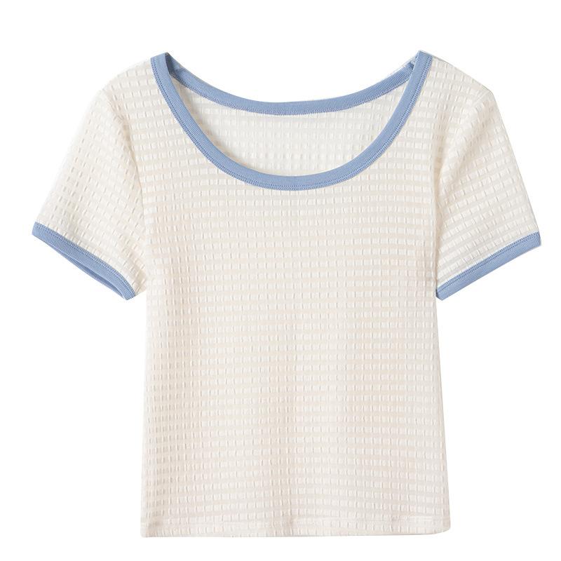 

Canvaus женская летняя футболка с коротким рукавом и большим круглым вырезом, женский кружевной контрастный тонкий женский топ XXL бежевый