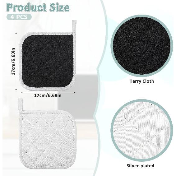 JUNW 4 Pcs Heat Resistant Pot Holders, Kitchen Pot Holders Square, Black and White Double Sided Potholders and Oven Mitts, Oven Pot Holders for Cloth