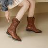 Fashion Ladies Mid Calf Shoes Elegant with Low Heels Pointed Toe Leather Brown Women's Half High Boots Chic Comfortable on Promotion Hot