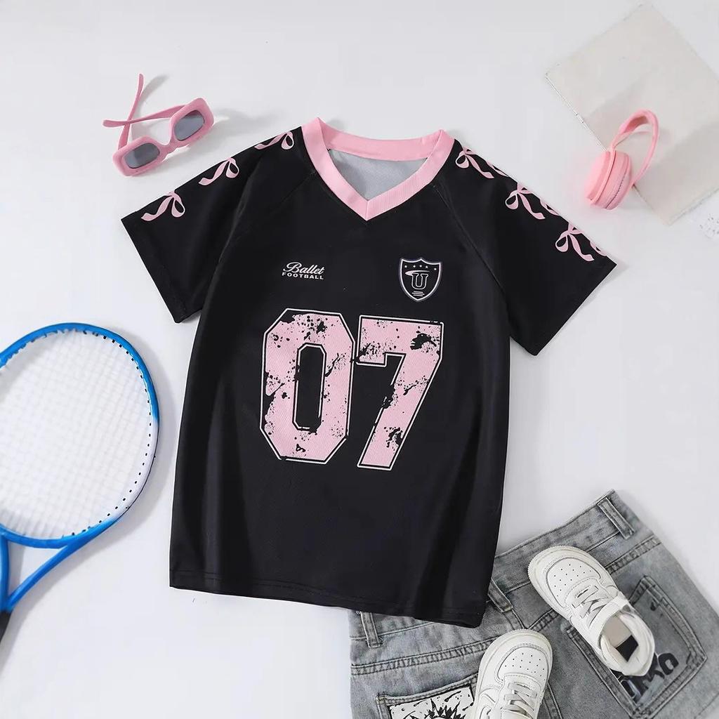 Girly Collar Short-sleeved T-shirt, Pink and Black Contrast Color Bow Embellished Loose Casual Summer Top