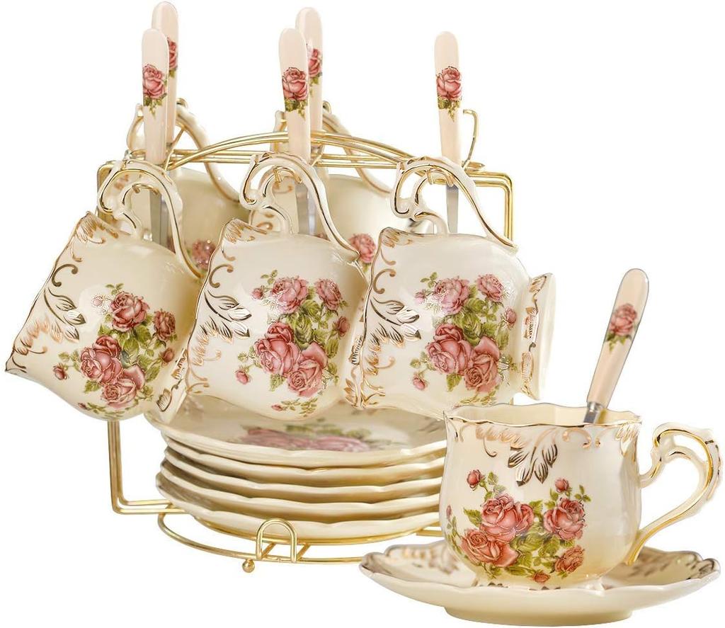 Tea Cups and Saucers Set of 6, 8 Oz Vintage Floral Porcelain Tea Cups Set, Coffee Cups with Golden Rack