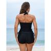 Classic Black Drawstring Halter Neck Tankini Sets, Ruched Criss Cross Centre Core Top Boxer Short Swimsuit, Women's Swimwear & Clothing