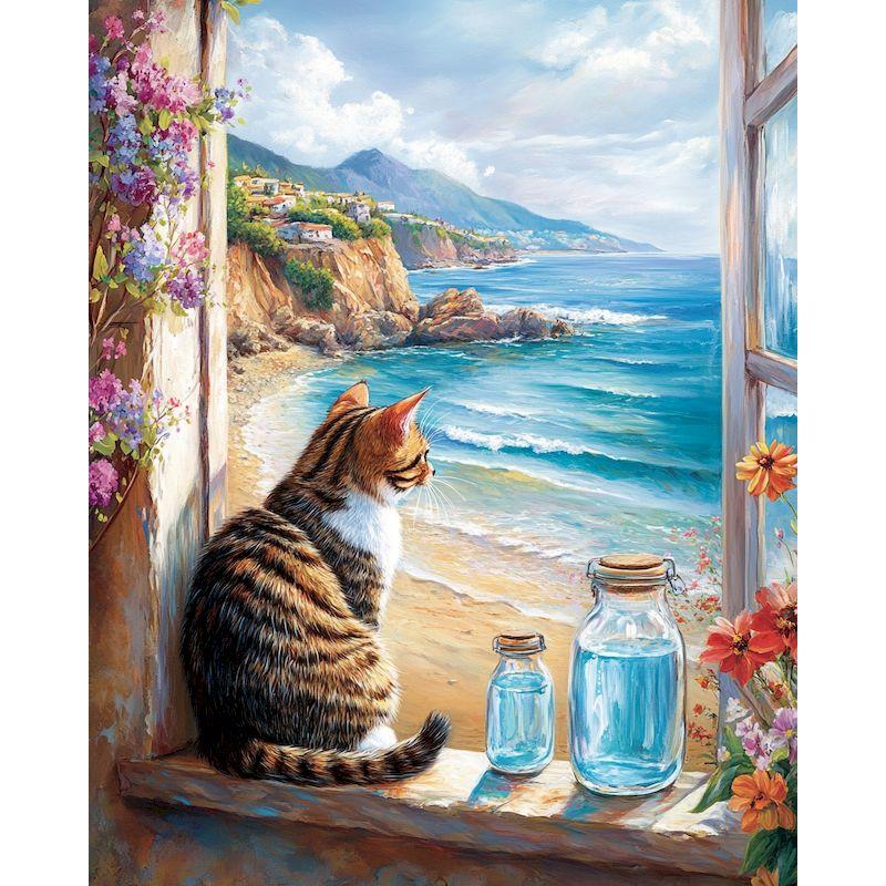 

Oil Painting Package Diy Paint By Numbers Crafts For Adults Window Cats Picture Coloring Number Drawing On Canvas Home Decor 30x20cm no frame коричневий