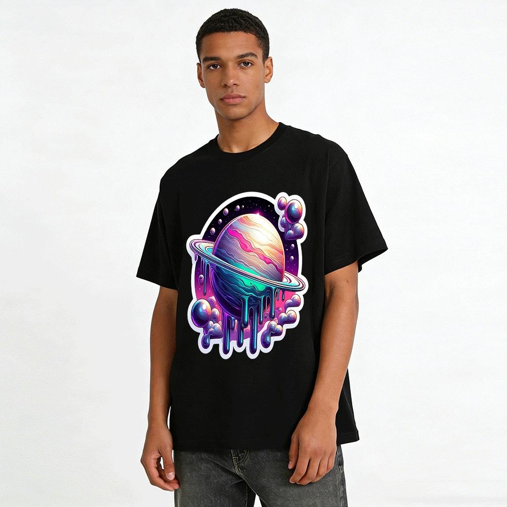 Iridescent Fluid Saturn Print Cool Casual Loose Fit T-Shirt Pure Cotton T-shirt