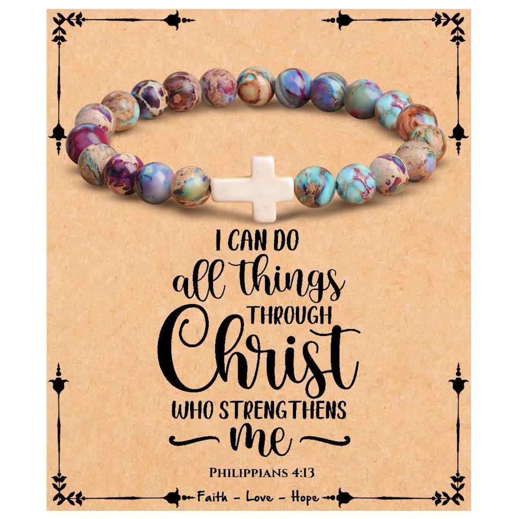 Emperor Stone Pink Zebra Beaded Bracelet with Cross Charm
