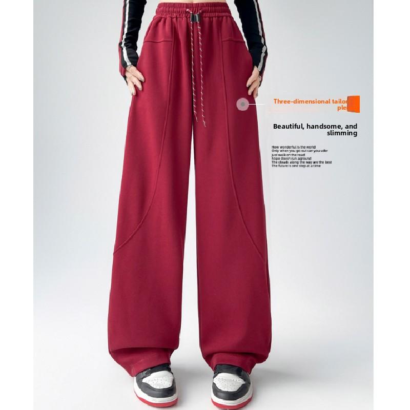 Curved Hem Women'S Fall/Winter Fleece-Lined High-Waisted Drawstring Straight Banana Sweatpants With Draped Effect And Narrow Wide Legs