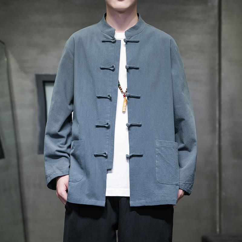 Spring and Autumn Chinese Shirt Man Cotton Linen Tang Suit Top Long Sleeve Kung Fu Shirt Traditional Men Blouses