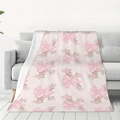 Manta de Franela Suave y Acogedora con Lazo Rosa y Flores Versátil para Oficina, Camping y Viajes Calidez para Todas las Estaciones Lavable a Máquina