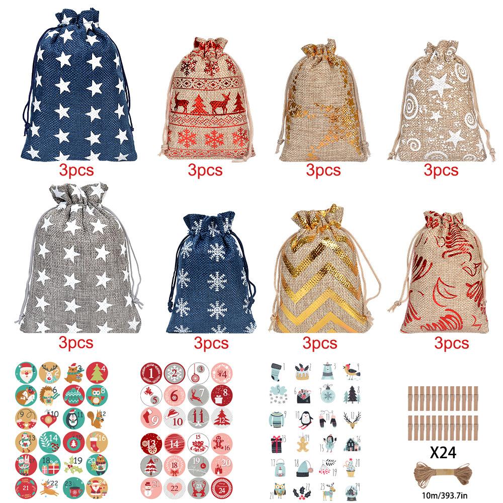24pcs Christmas Arrival Countdown Drawstring Bag 24 Digital Linen Drawstring Bag Candy Drawstring Gift Bag