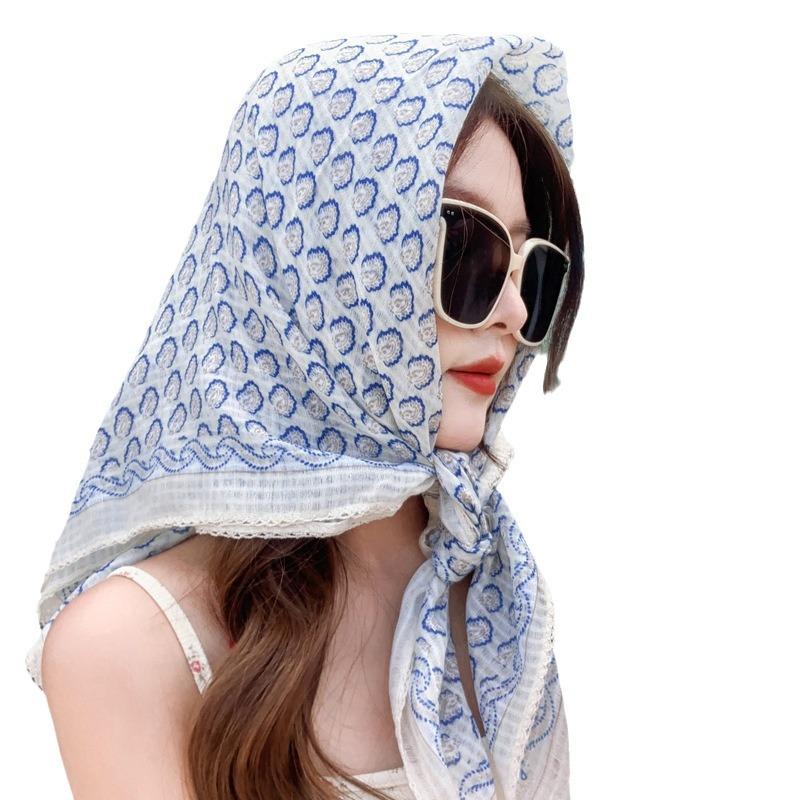 91CM large square scarf women's Japanese retro cashew flower cotton and linen silk scarf temperament lace thin sunscreen shawl headscarf