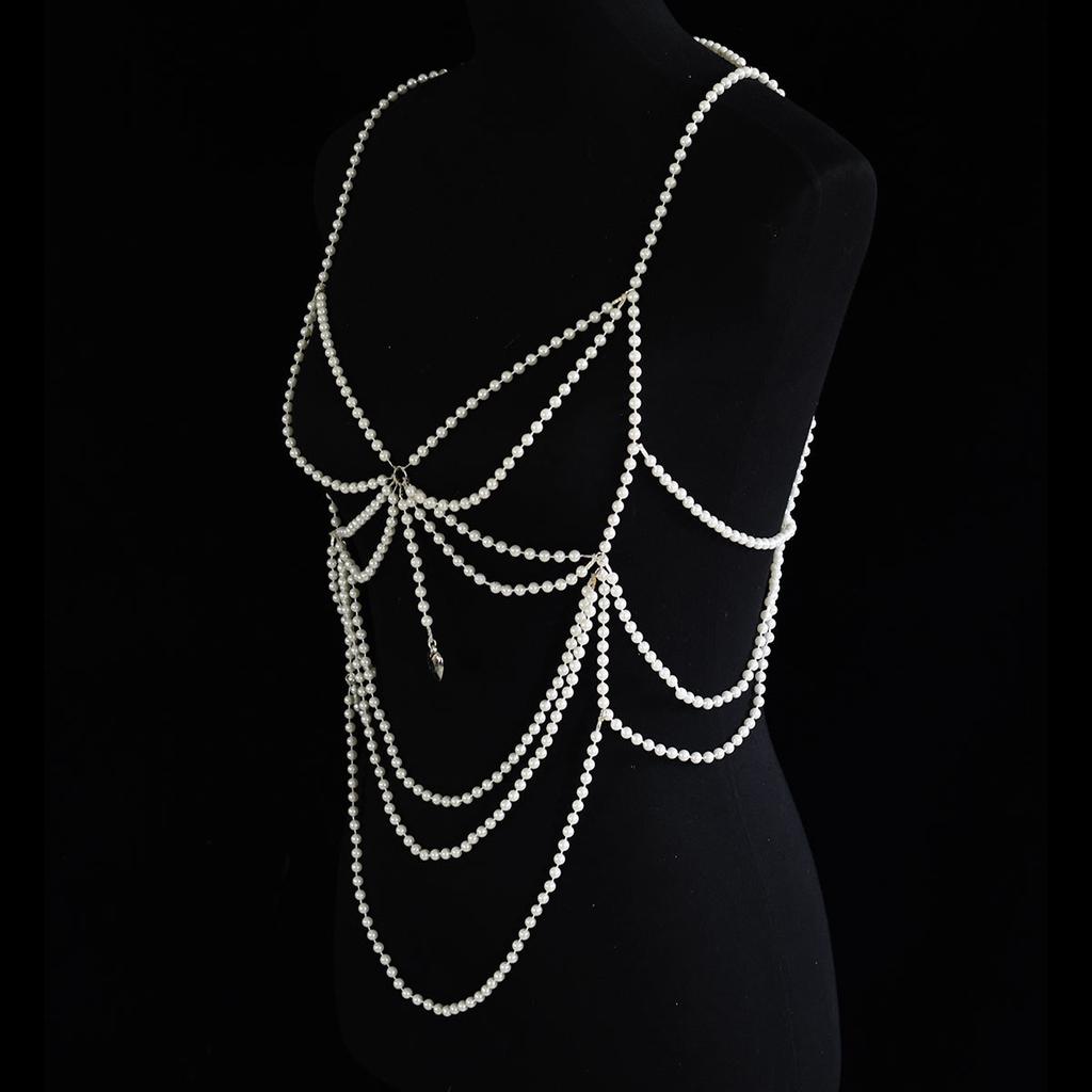 Fashionable, gorgeous and elegant pearl body chain, versatile banquet and party chest chain, clothing accessories