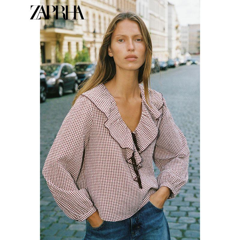 Zaprha 2025 Autumn New Small Plaid Laminated Decoration Bow V-neck Long sleeve Shirts Top 5029181