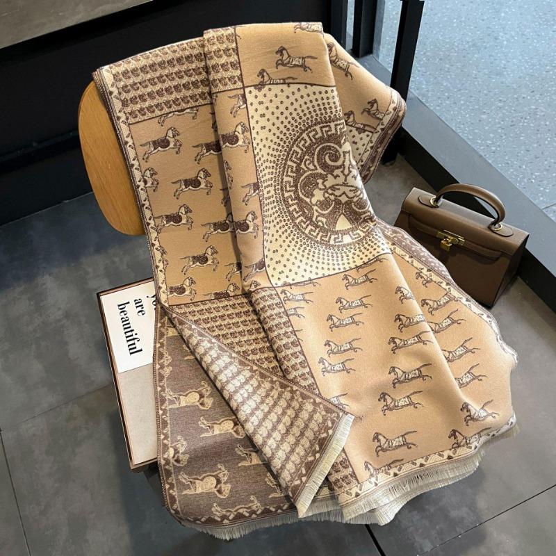 Compass pony pattern imitation cashmere shawl for women, warm big scarf versatile thickened scarf double-sided dual-purpose