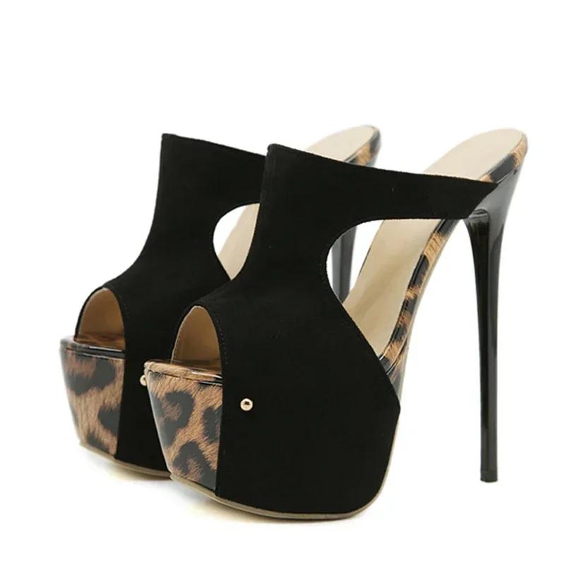 Fashion Sexy Leopard Print Peep Toe 16cm High Sandals Women Extreme High Heels Slippers Women Platform Sandals Summer Party Banquet Shoe