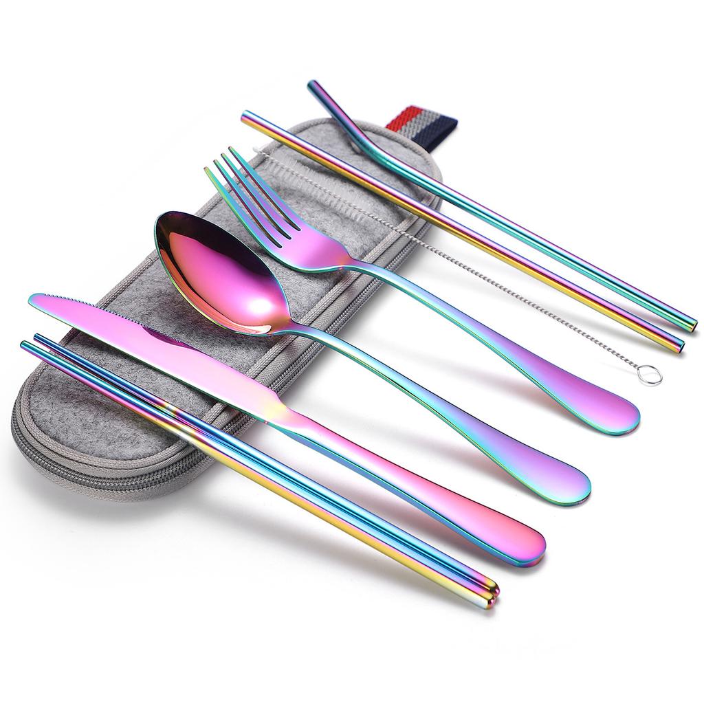 Stainless Steel Tableware Set, Portable 7-piece Set, Knife, Fork, Spoon, Chopsticks, Straw, Camping Supplies Storage, Cross-border Durability 2026