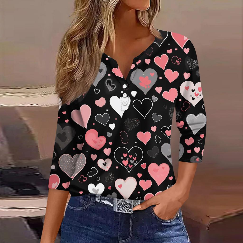 Women's Fashion Button-Up V-Neck Three-Quarter Sleeve Valentine's Day Print Top