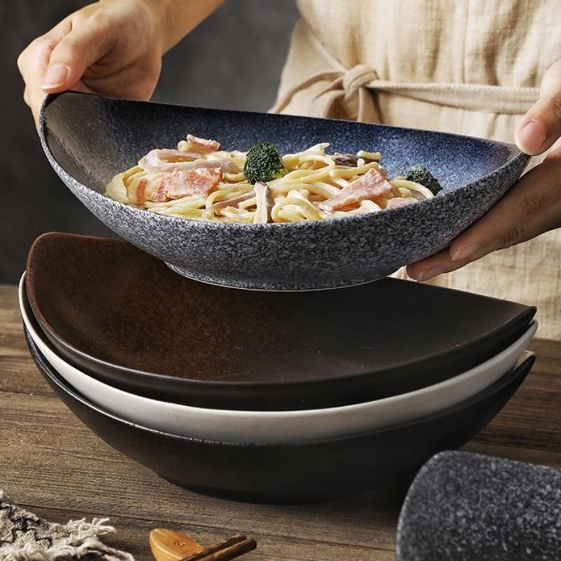 10 inch Dark Black Ink Ellipse Dinner Plate Under-Glazed Ceramic Dinner Dishes Dessert Tray Soup Plate Dinnerware Microwave Safe
