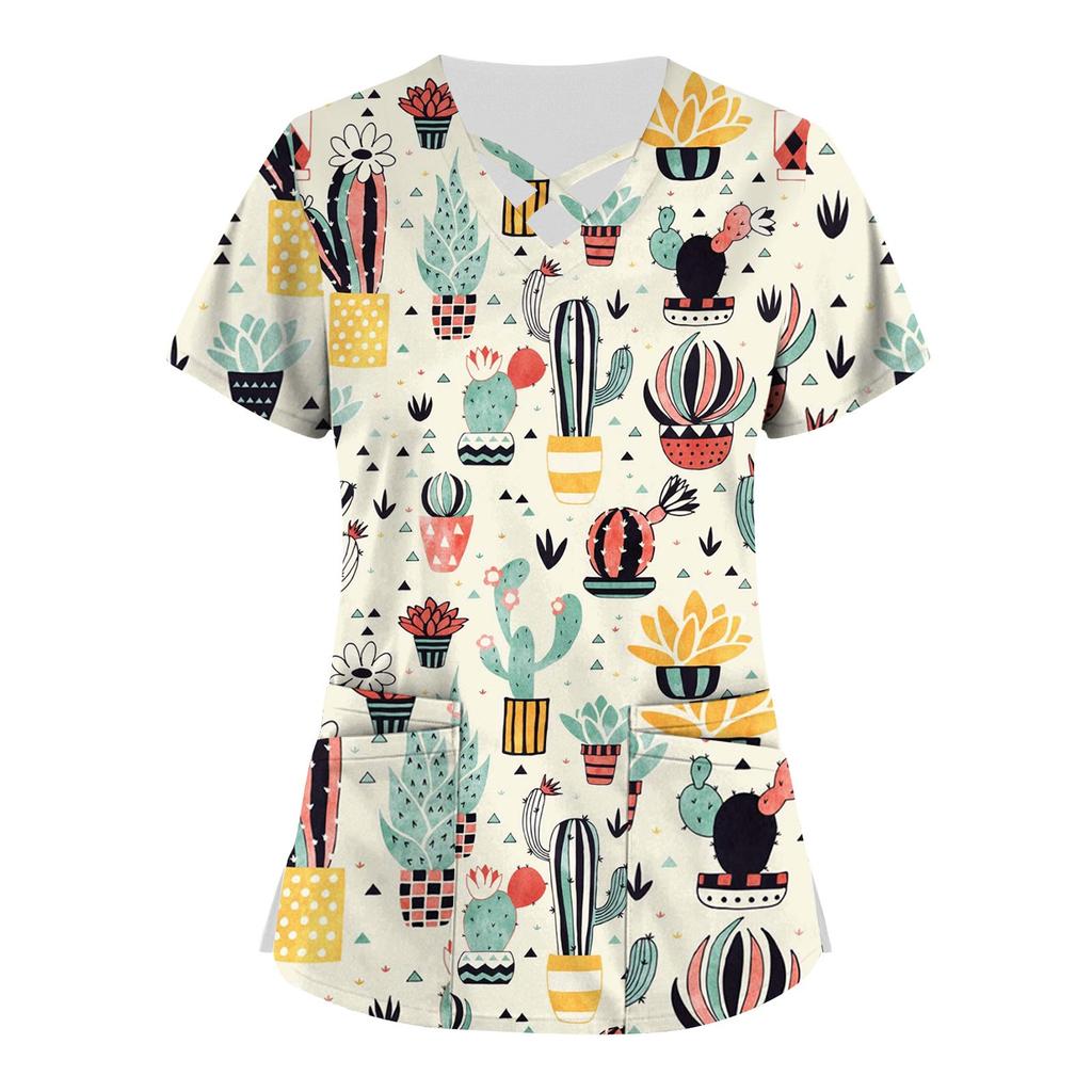 Plus Size Söt tryckt Scrub Arbetsuniform Toppar För Kvinnor Kors V-ringad Kortärmad Roliga T-shirts Arbetskläder T-shirt med fickor